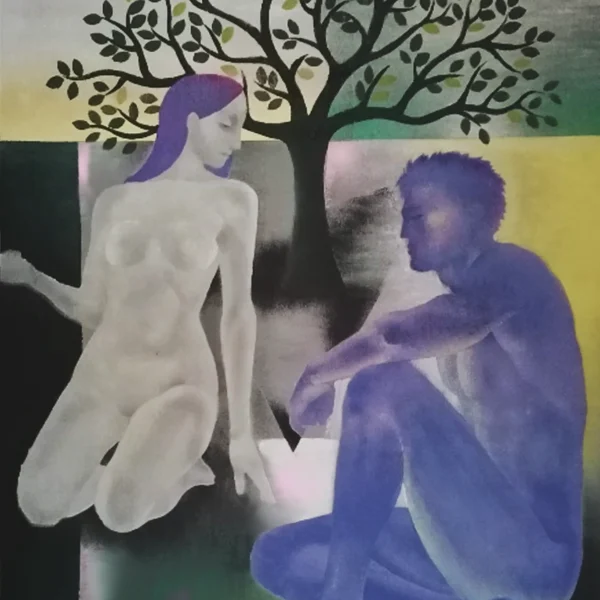 Gemälde „Vor der Wahl“ von Genadij Swjagin mit zwei stilisierten Figuren unter einem großen Baum vor einer abstrakten, geometrischen Landschaft.